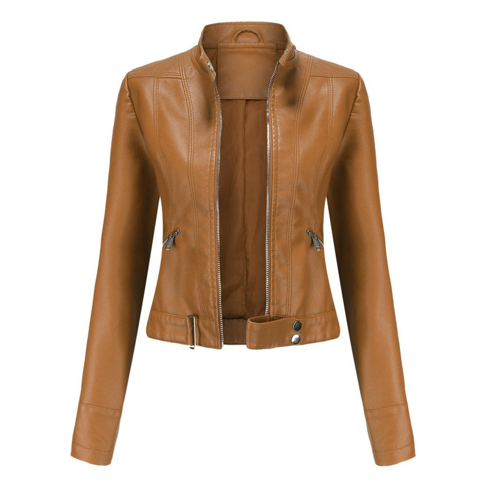 Women's Faux Leather Jacket Moto Biker Stand-Collar Zip-Up - Light Brown