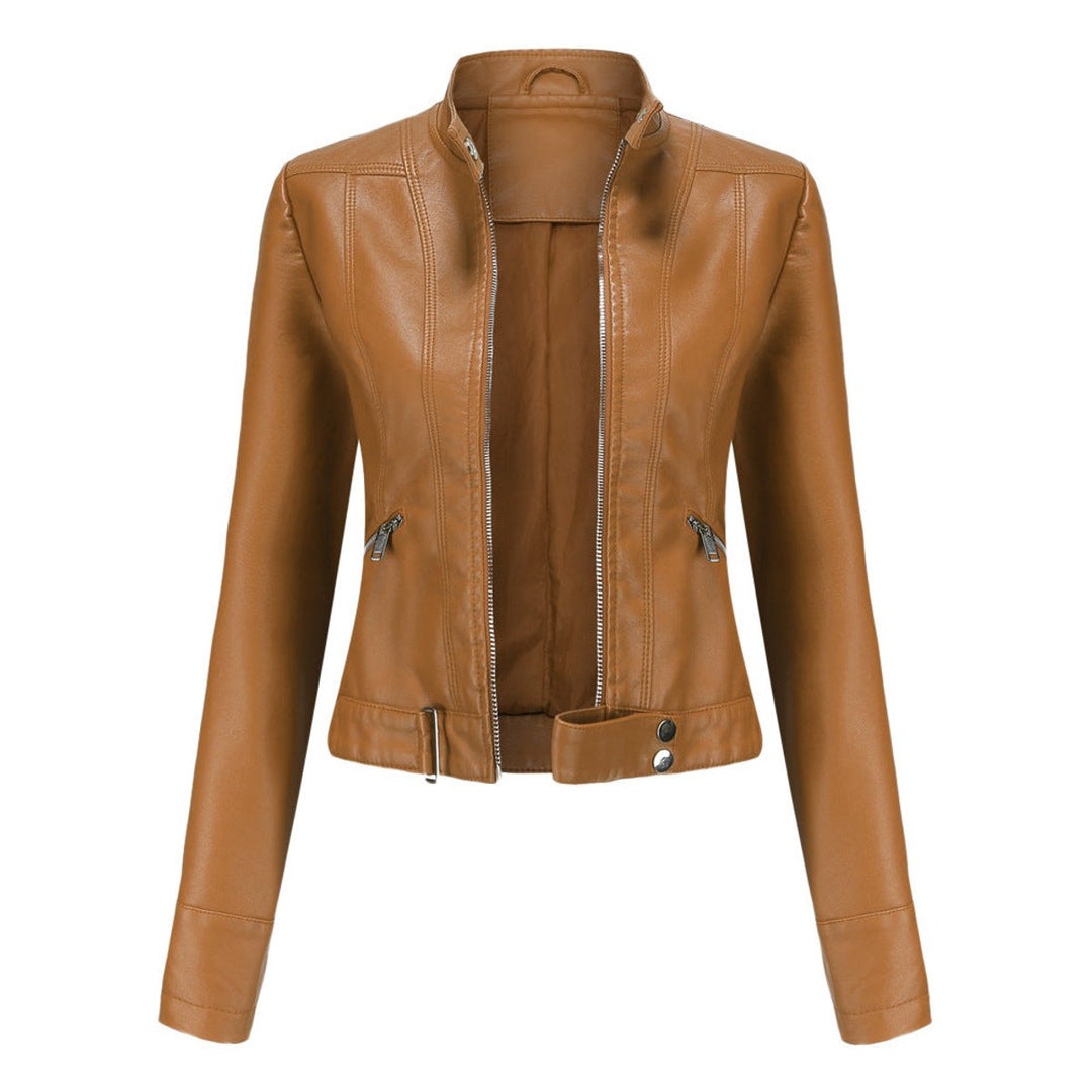 Women's Faux Leather Jacket Moto Biker Stand-Collar Zip-Up - Light Brown