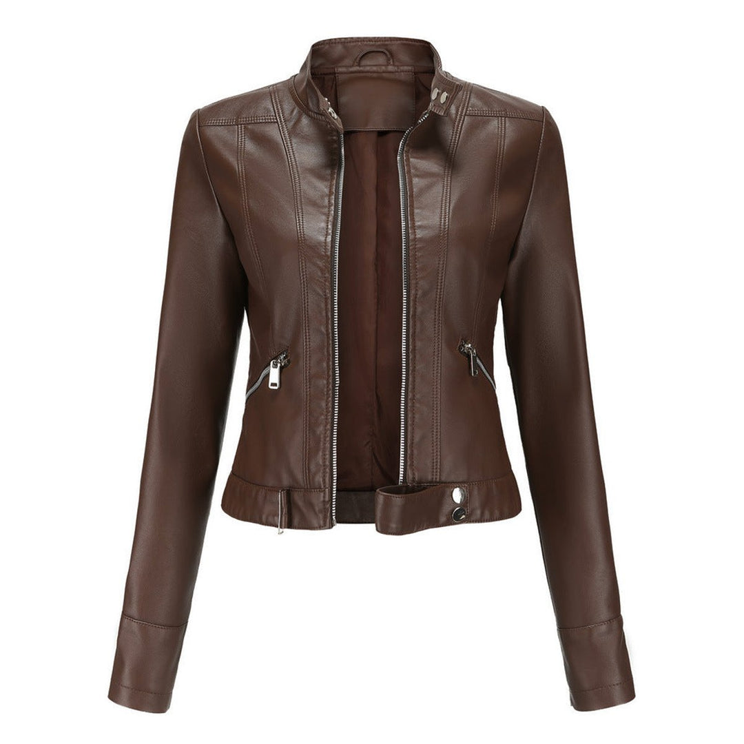 Women's Faux Leather Jacket Moto Biker Stand-Collar Zip-Up - Brown