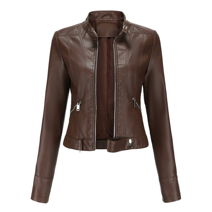 Women's Faux Leather Jacket Moto Biker Stand-Collar Zip-Up - Brown