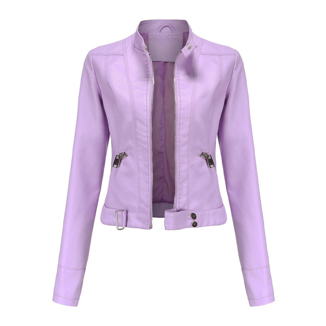 Women's Faux Leather Jacket Moto Biker Stand-Collar Zip-Up - Lilac