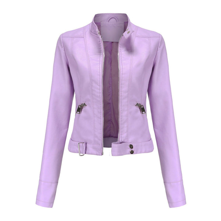 Women's Faux Leather Jacket Moto Biker Stand-Collar Zip-Up - Lilac