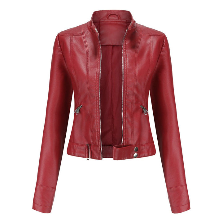 Women's Faux Leather Jacket Moto Biker Stand-Collar Zip-Up - Red