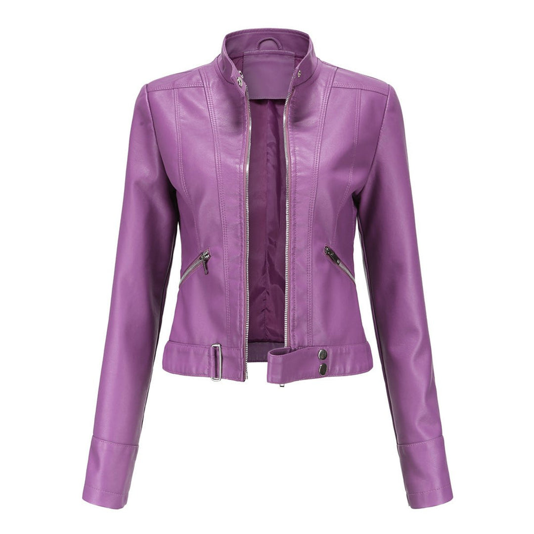 Women's Faux Leather Jacket Moto Biker Stand-Collar Zip-Up - Dark Violet
