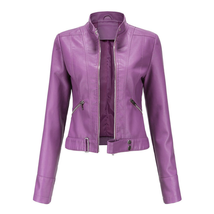 Women's Faux Leather Jacket Moto Biker Stand-Collar Zip-Up - Dark Violet