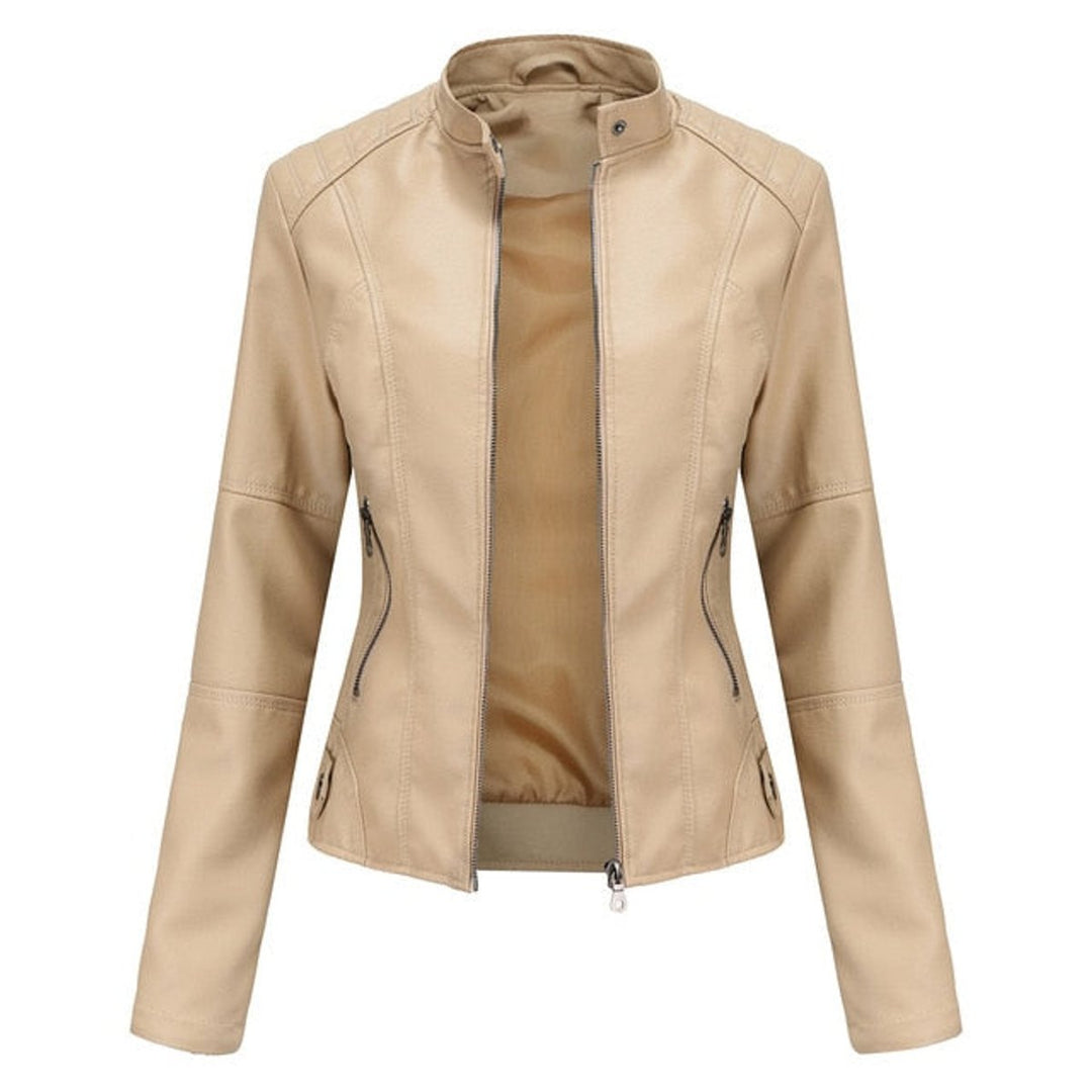 Women's Faux Leather Moto Jacket Stand Collar Full-Zip - Beige