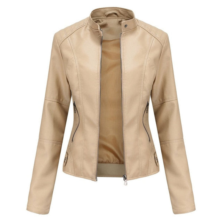Women's Faux Leather Moto Jacket Stand Collar Full-Zip - Beige