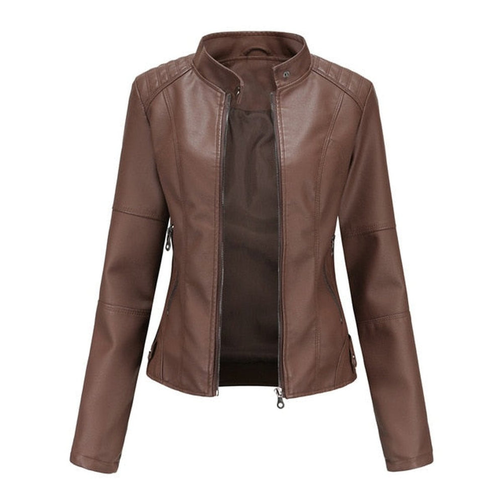 Women's Faux Leather Moto Jacket Stand Collar Full-Zip - Brown