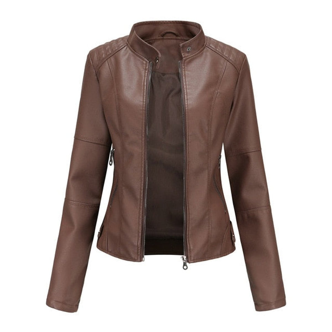 Women's Faux Leather Moto Jacket Stand Collar Full-Zip - Brown