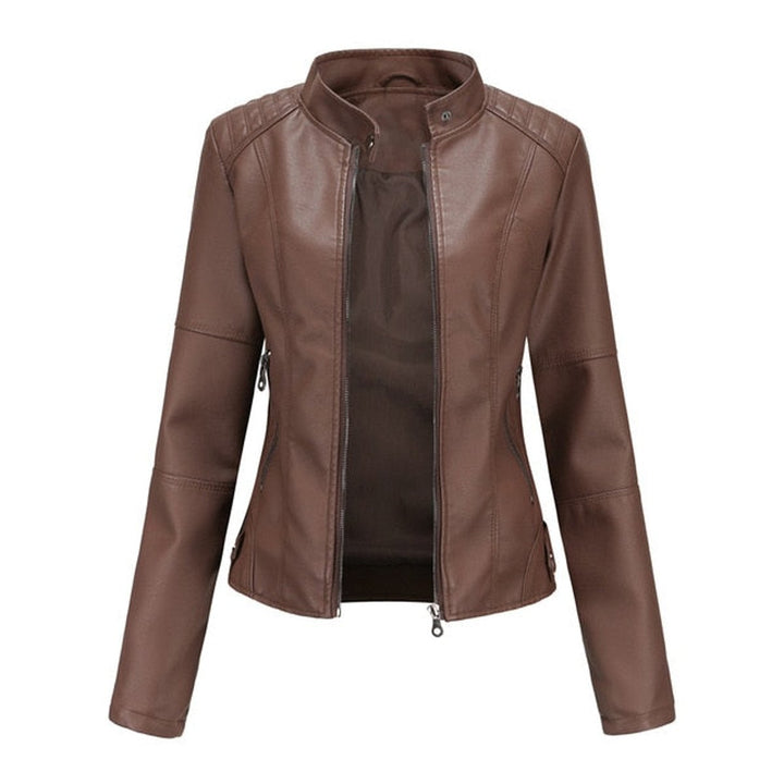 Women's Faux Leather Moto Jacket Stand Collar Full-Zip - Brown