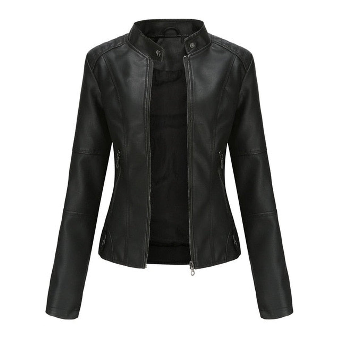 Women's Faux Leather Moto Jacket Stand Collar Full-Zip - Black