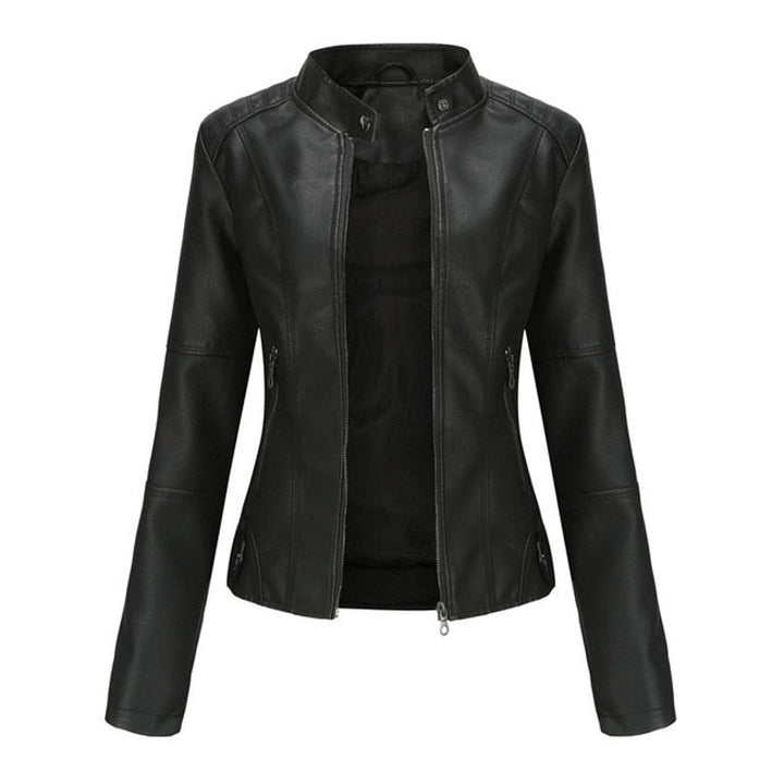 Women's Faux Leather Moto Jacket Stand Collar Full-Zip - Black