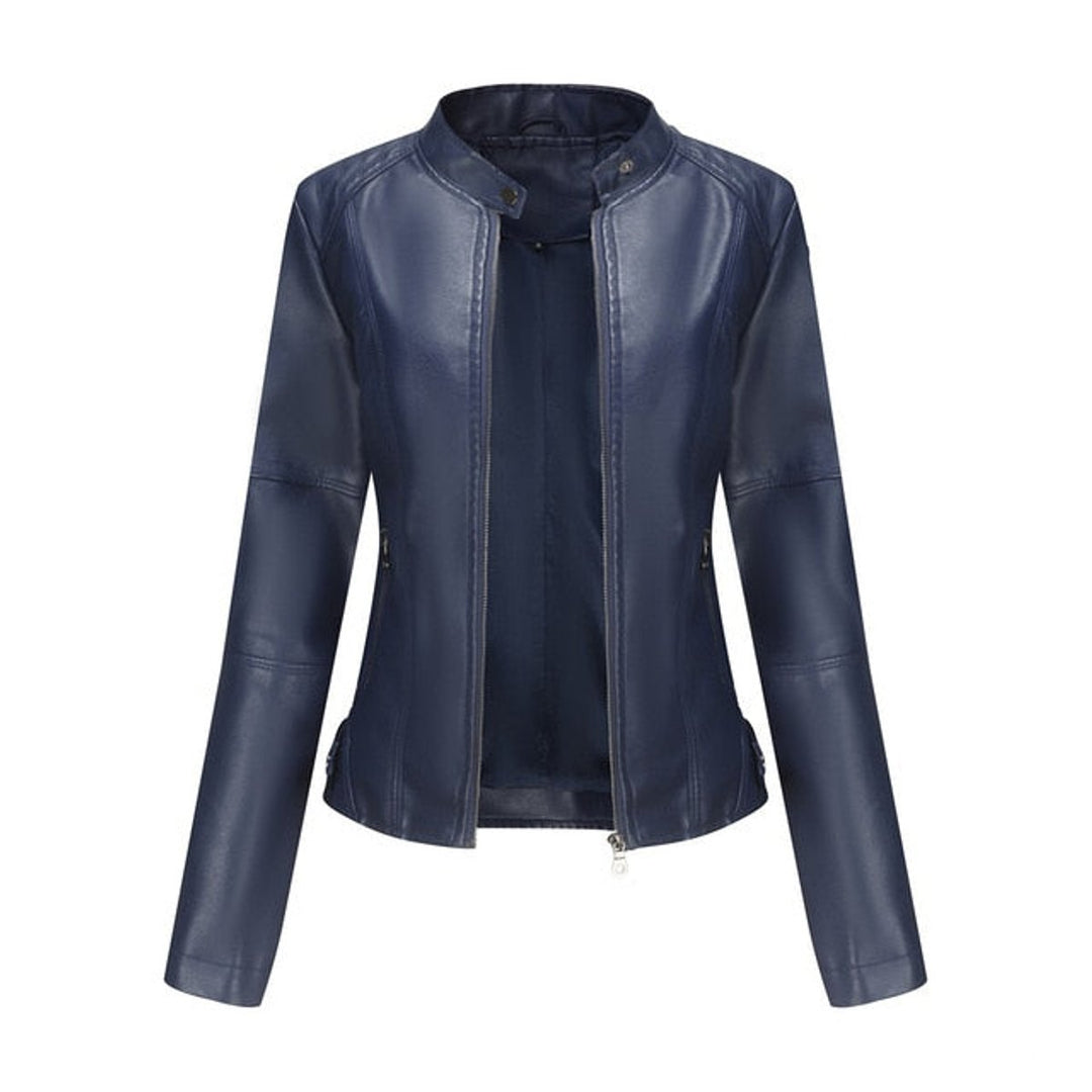 Women's Faux Leather Moto Jacket Stand Collar Full-Zip - Blue