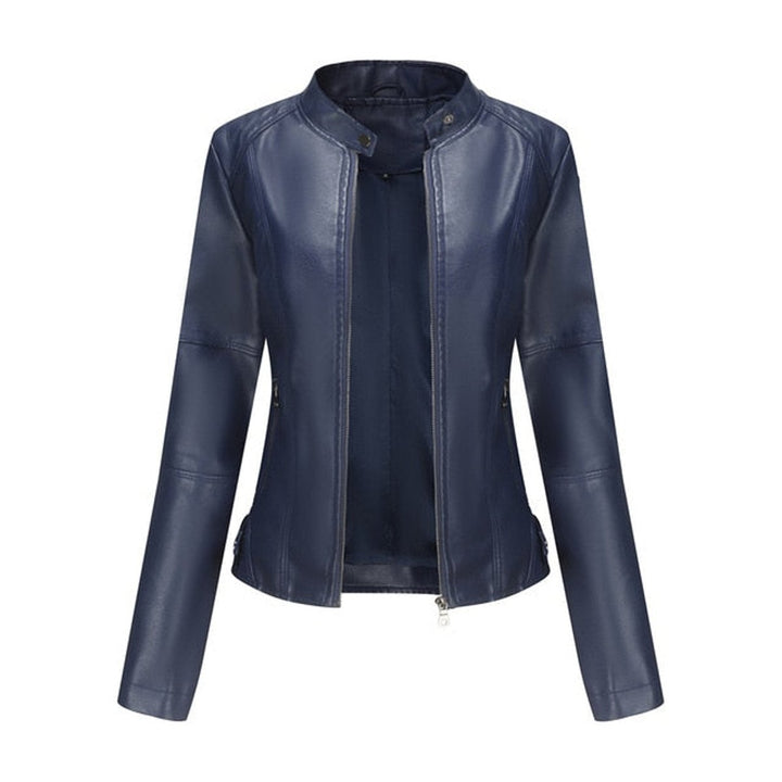 Women's Faux Leather Moto Jacket Stand Collar Full-Zip - Blue