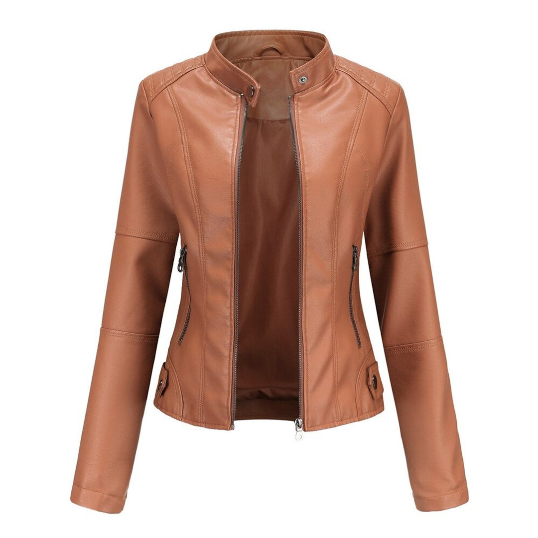 Women's Faux Leather Moto Jacket Stand Collar Full-Zip - Red-Brown
