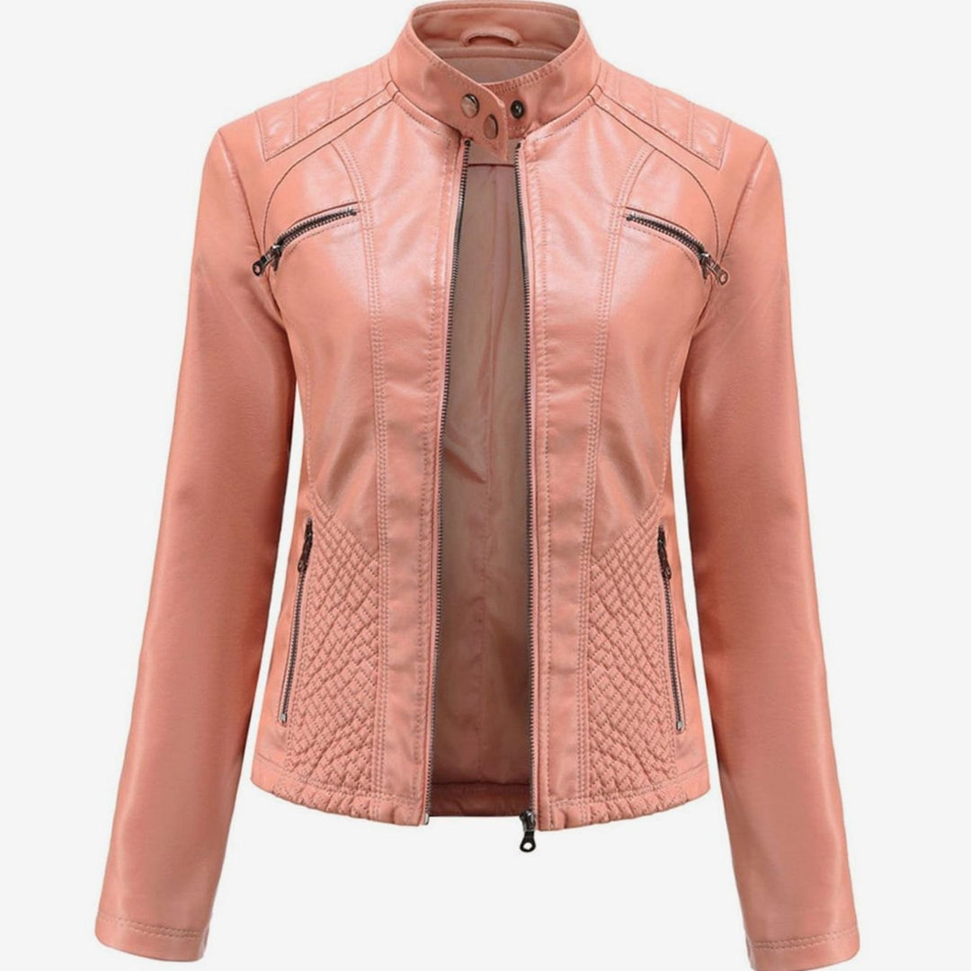 Women's Faux Leather Quilted Zip-Up Biker Jacket - Pink