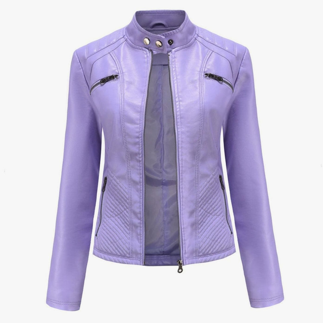 Women's Faux Leather Quilted Zip-Up Biker Jacket - Purple