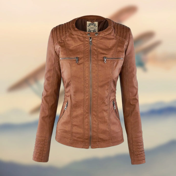 Women's Faux Leather Slim-Fit Zip-Up Biker Jacket - Gold