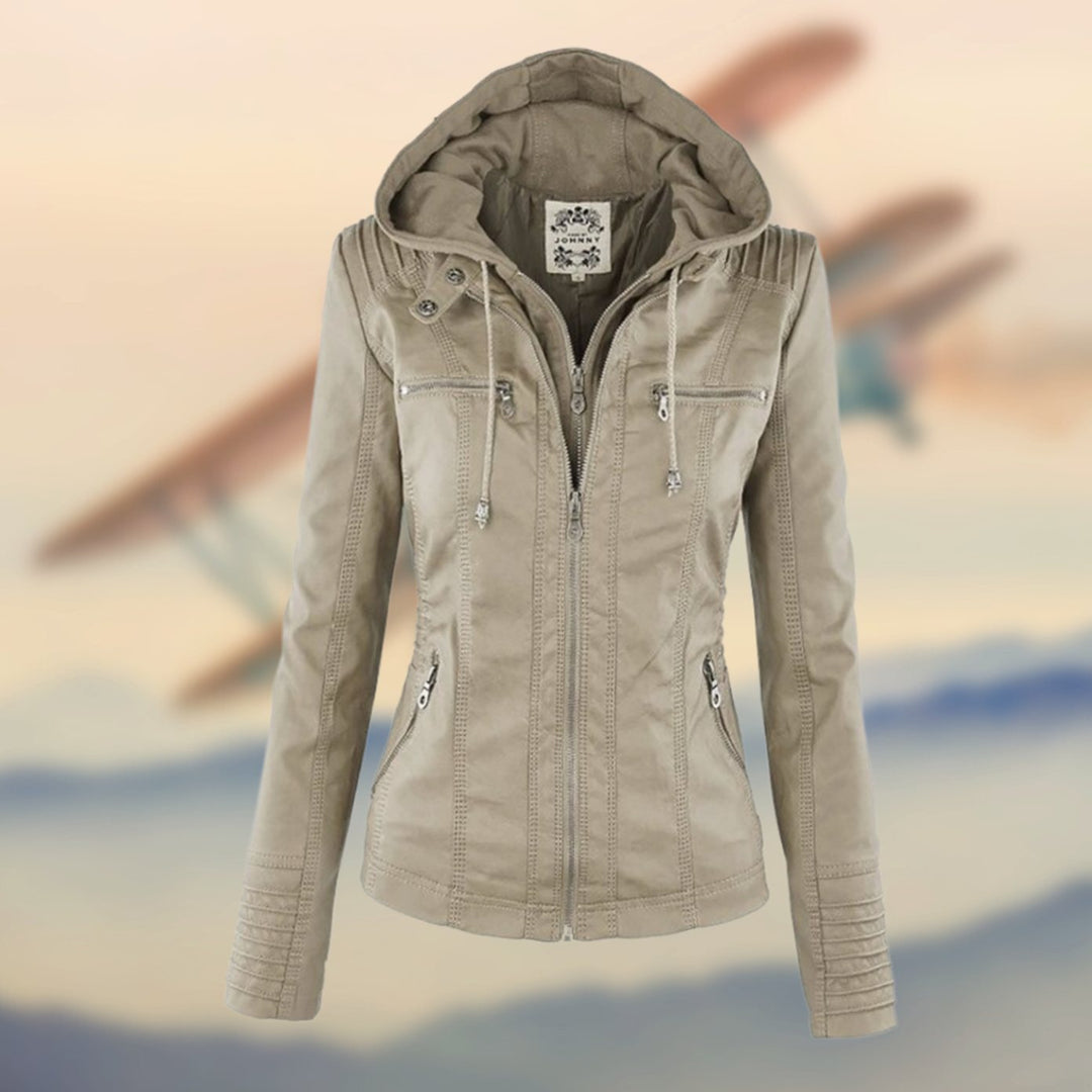 Women's Faux Leather Slim-Fit Zip-Up Biker Jacket - Beige