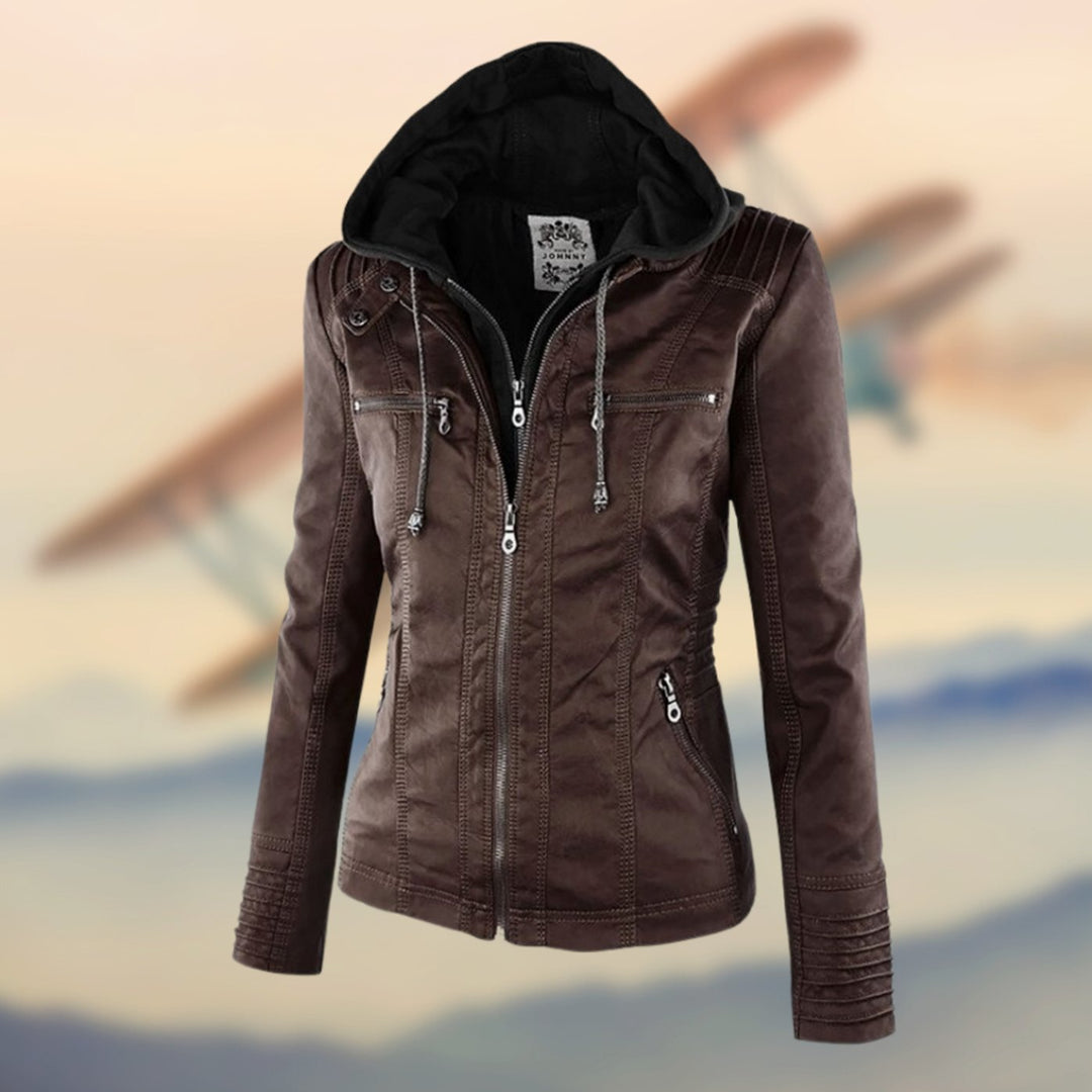 Women's Faux Leather Slim-Fit Zip-Up Biker Jacket - Brown