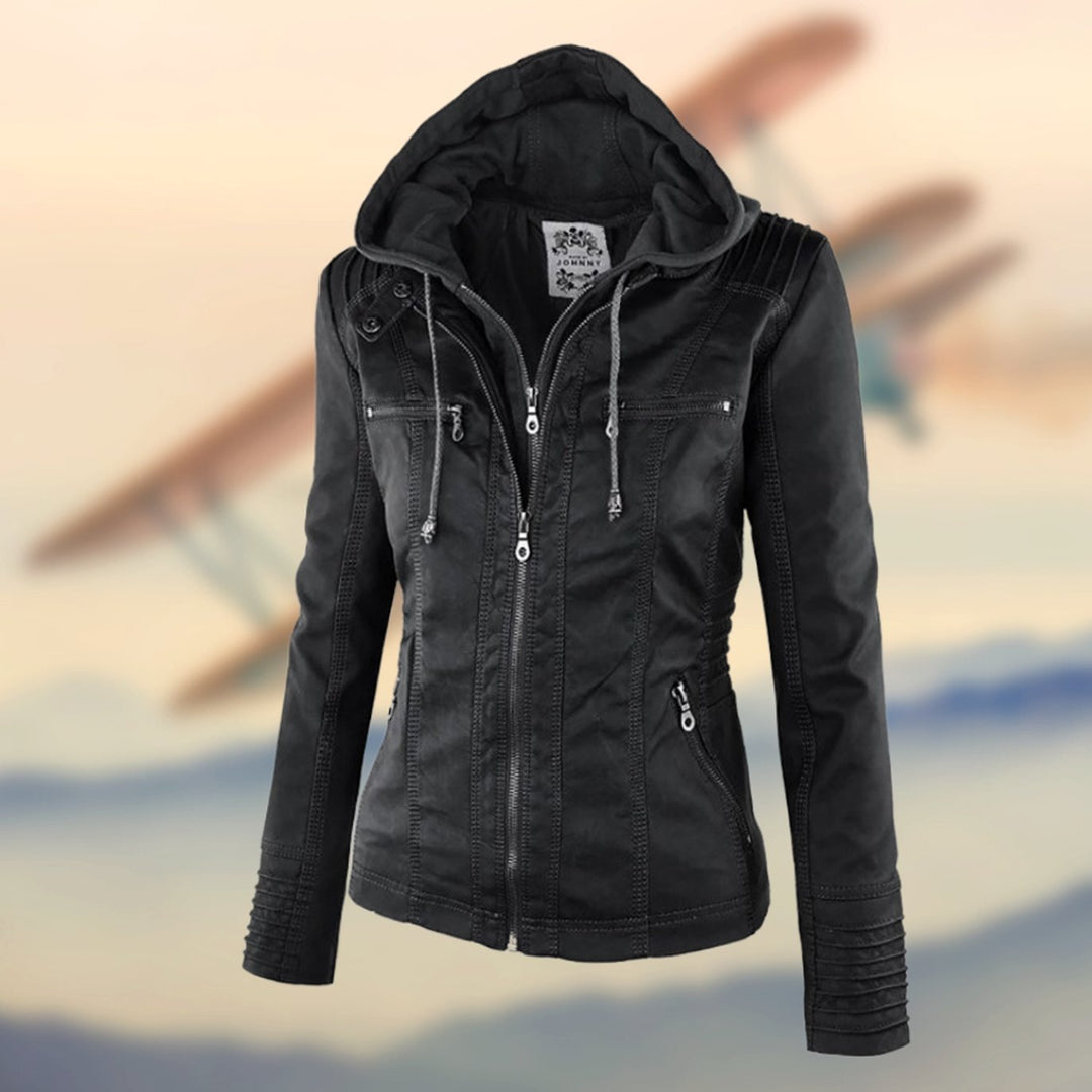 Women's Faux Leather Slim-Fit Zip-Up Biker Jacket - Black