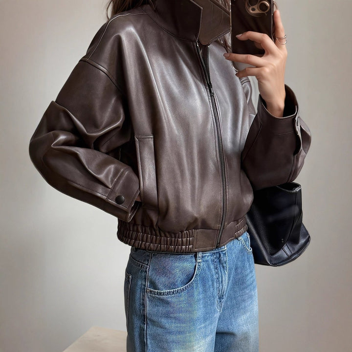 Women's Faux Leather Zip-Up Bomber Leather Jacket Elastic Waist