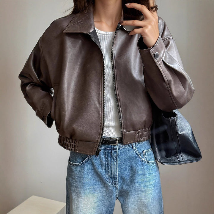 Women's Faux Leather Zip-Up Bomber Leather Jacket Elastic Waist - Dark Brown