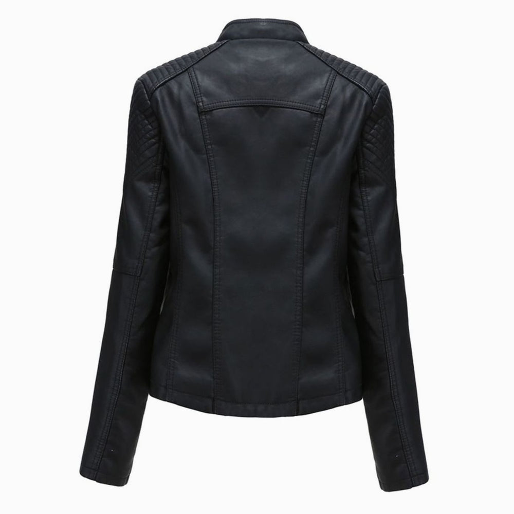 Women's Faux Leather Zipper Front Jacket Quilted Shoulder Moto