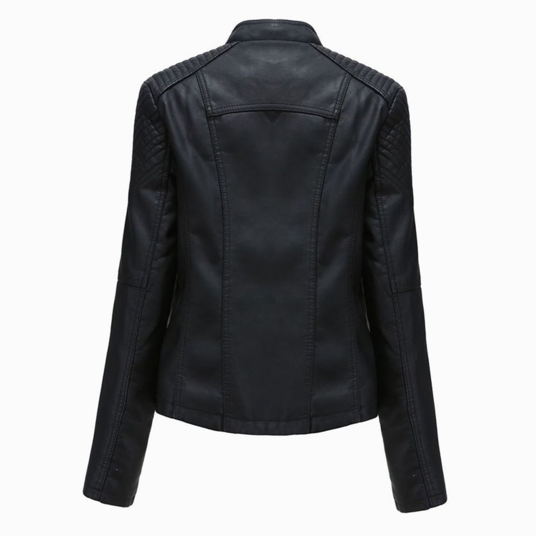 Women's Faux Leather Zipper Front Jacket Quilted Shoulder Moto