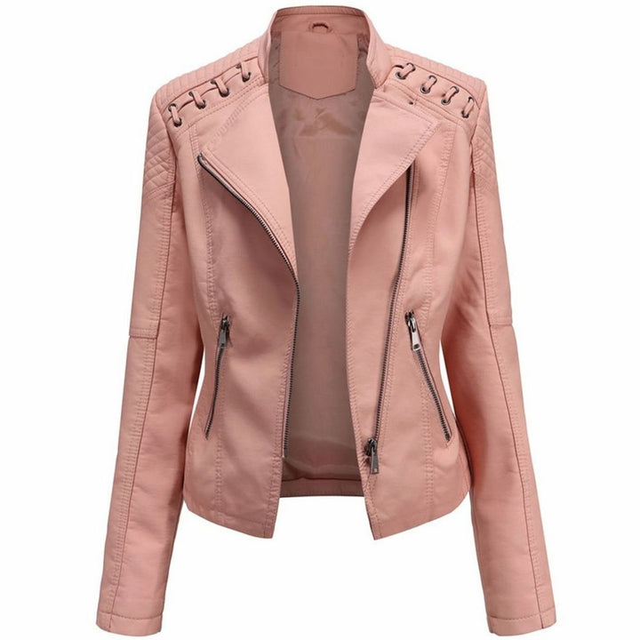 Women's Faux Leather Zipper Front Jacket Quilted Shoulder Moto - Pink