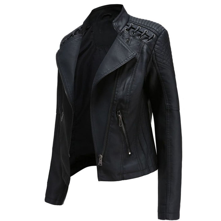 Women's Faux Leather Zipper Front Jacket Quilted Shoulder Moto