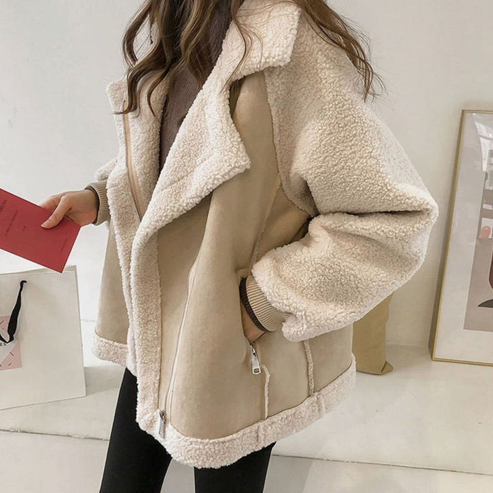 Women's Faux Shearling Oversized Coat Relaxed-Fit Turn-Down Collar - Beige