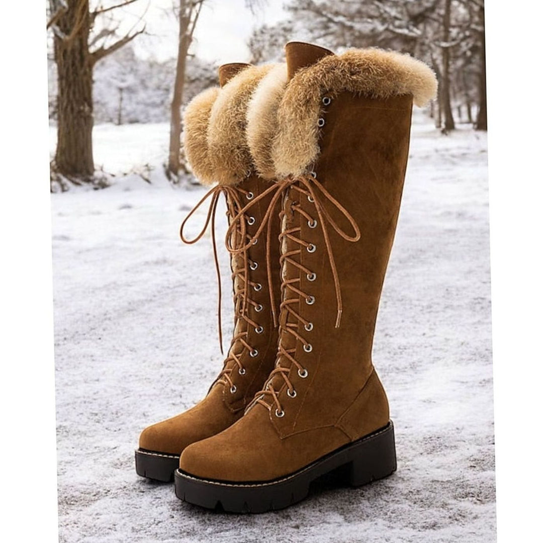Women's Faux-Suede Fur-Cuff Lace-Up Knee-High Winter Boots - Camel