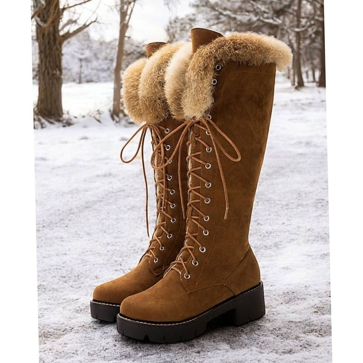 Women's Faux-Suede Fur-Cuff Lace-Up Knee-High Winter Boots - Camel