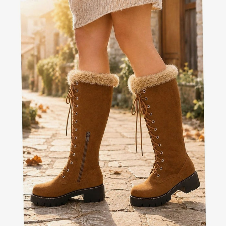 Women's Faux-Suede Fur-Cuff Lace-Up Knee-High Winter Boots
