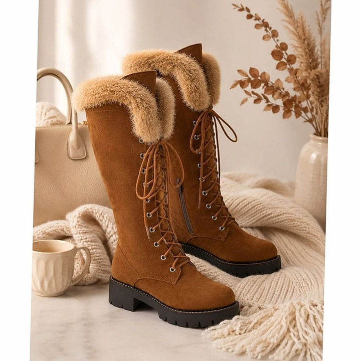 Women's Faux-Suede Fur-Cuff Lace-Up Knee-High Winter Boots