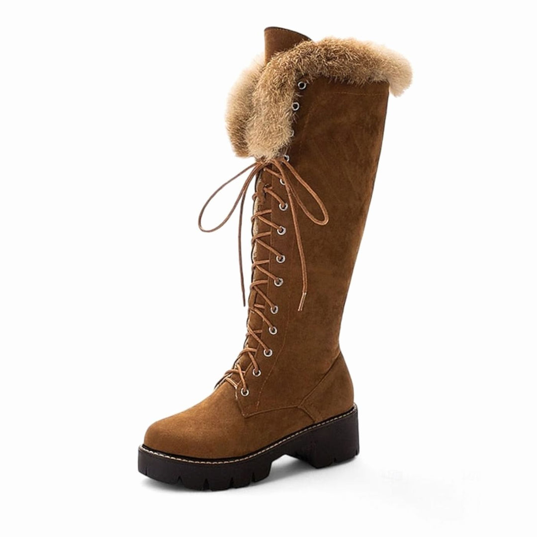 Women's Faux-Suede Fur-Cuff Lace-Up Knee-High Winter Boots