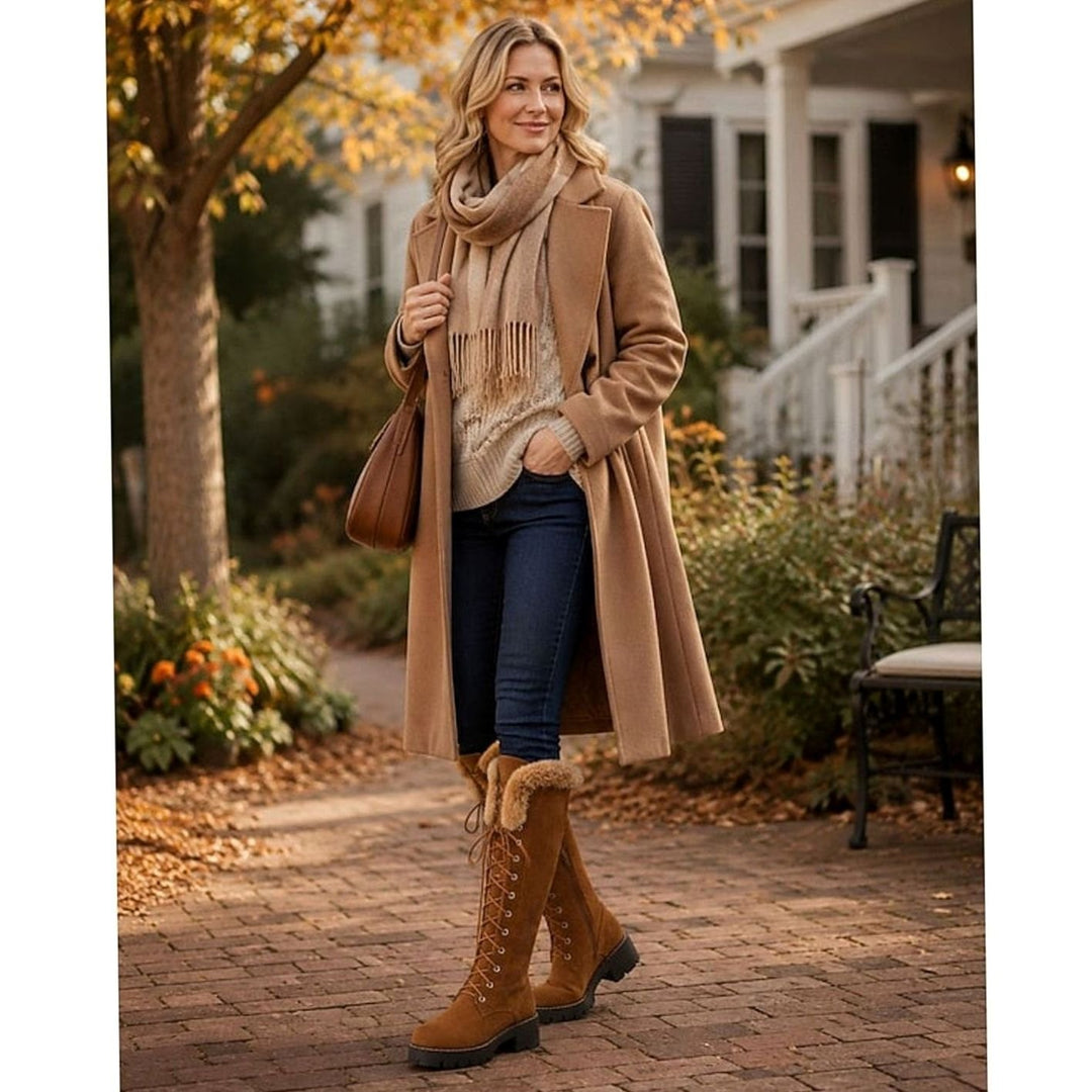 Women's Faux-Suede Fur-Cuff Lace-Up Knee-High Winter Boots