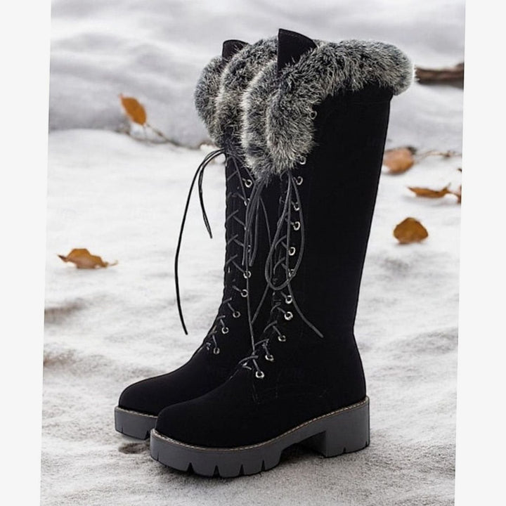 Women's Faux-Suede Fur-Cuff Lace-Up Knee-High Winter Boots - Black