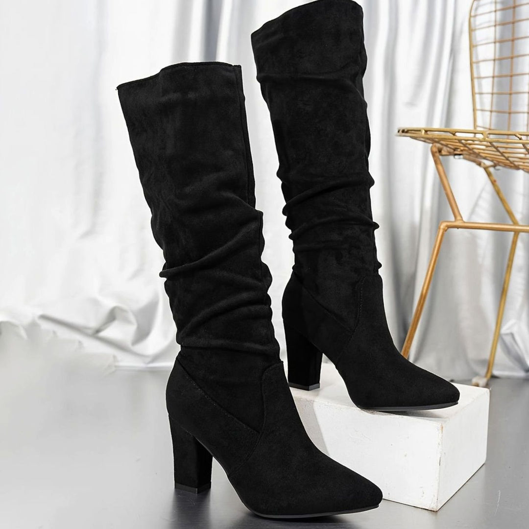Women's Faux Suede Slouch Knee-High Block Heel Boots - Black
