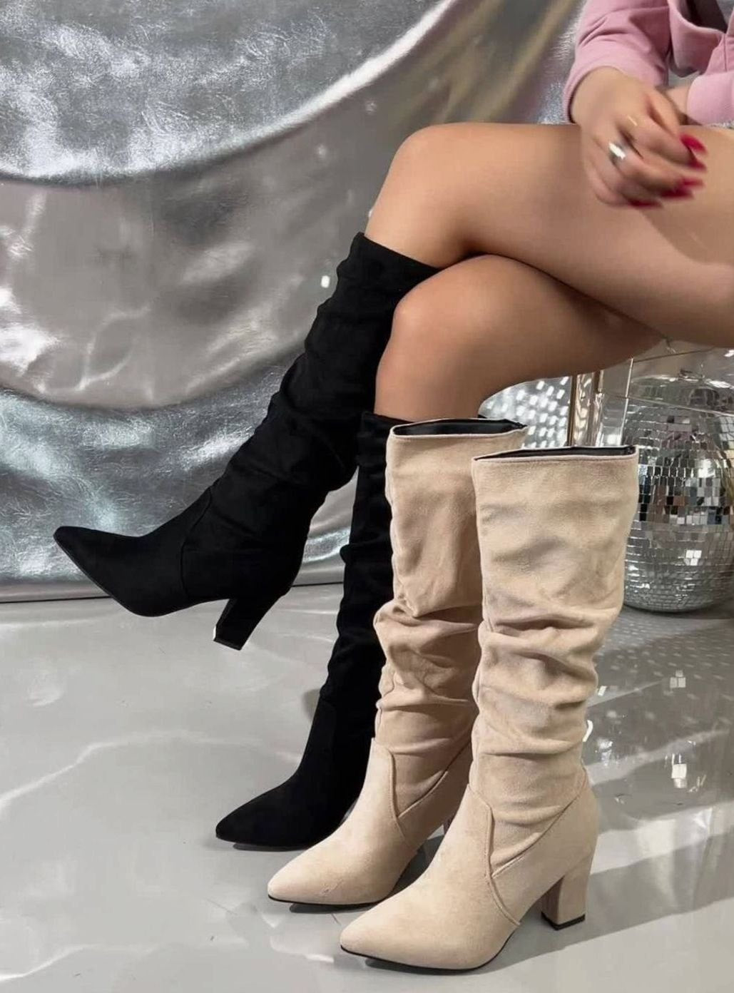 Women's Faux Suede Slouch Knee-High Block Heel Boots