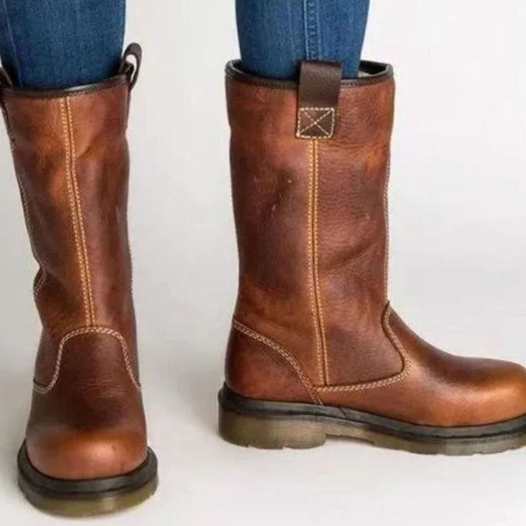 Women's Fleece-Lined Leather Pull-On Winter Boots - Brown