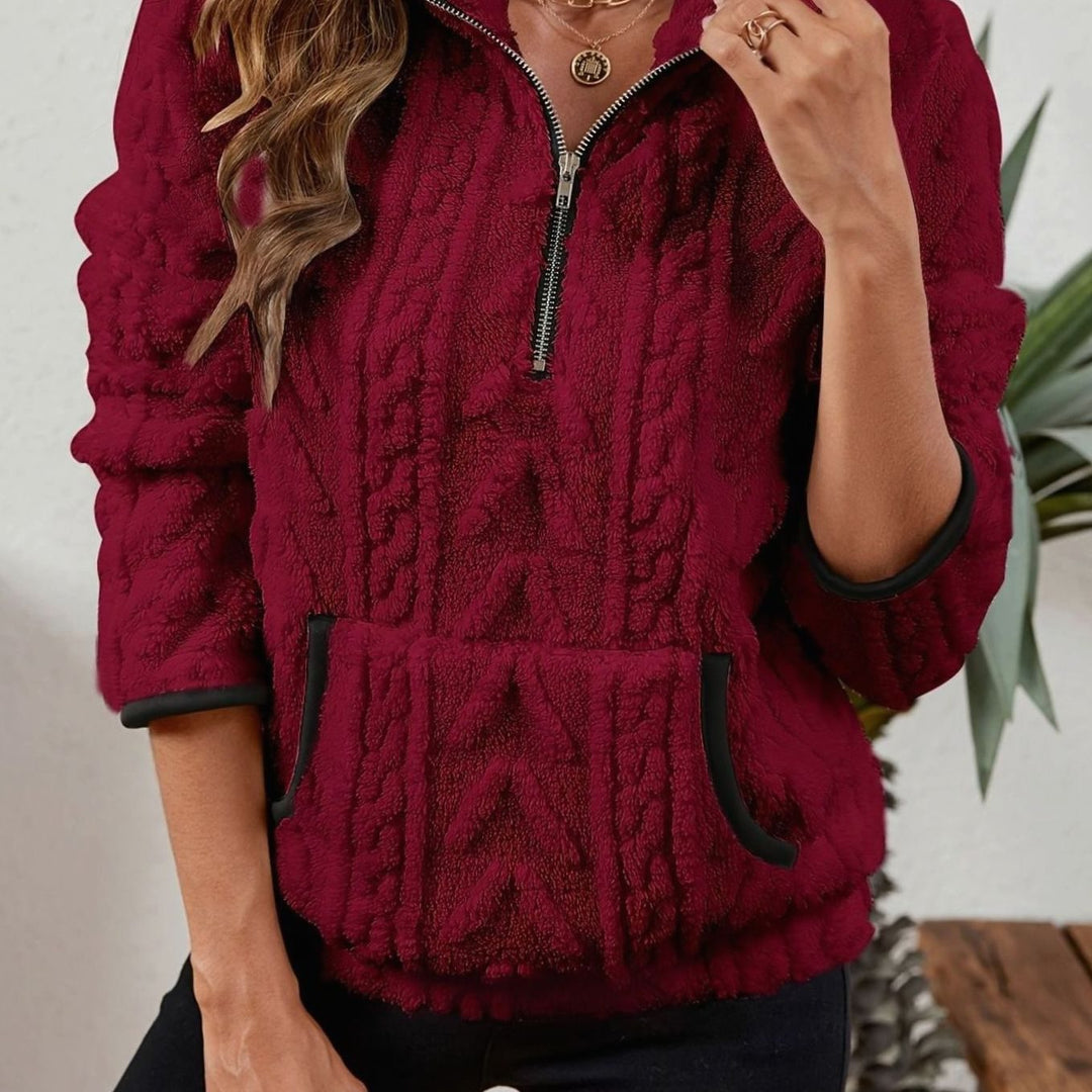Women's Fleece Quarter-Zip Pullover Sweater Kangaroo Pocket - Burgundy