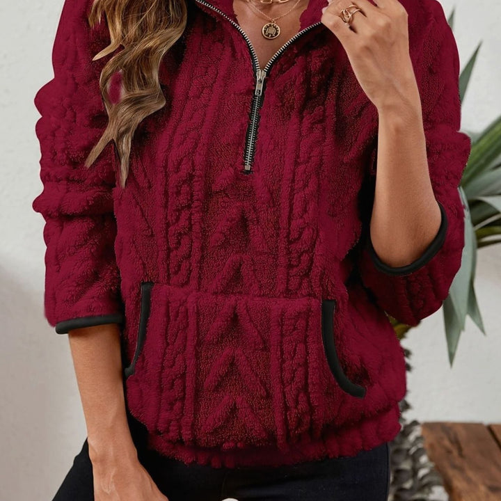 Women's Fleece Quarter-Zip Pullover Sweater Kangaroo Pocket - Burgundy