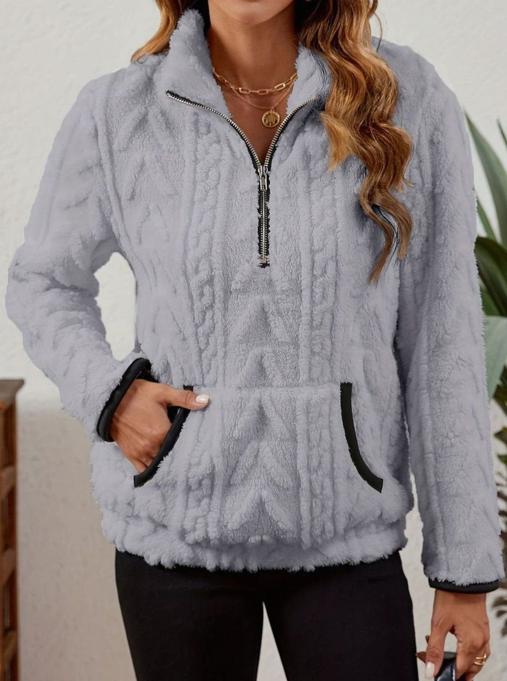Women's Fleece Quarter-Zip Pullover Sweater Kangaroo Pocket