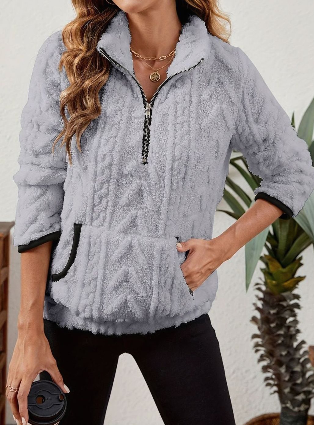 Women's Fleece Quarter-Zip Pullover Sweater Kangaroo Pocket