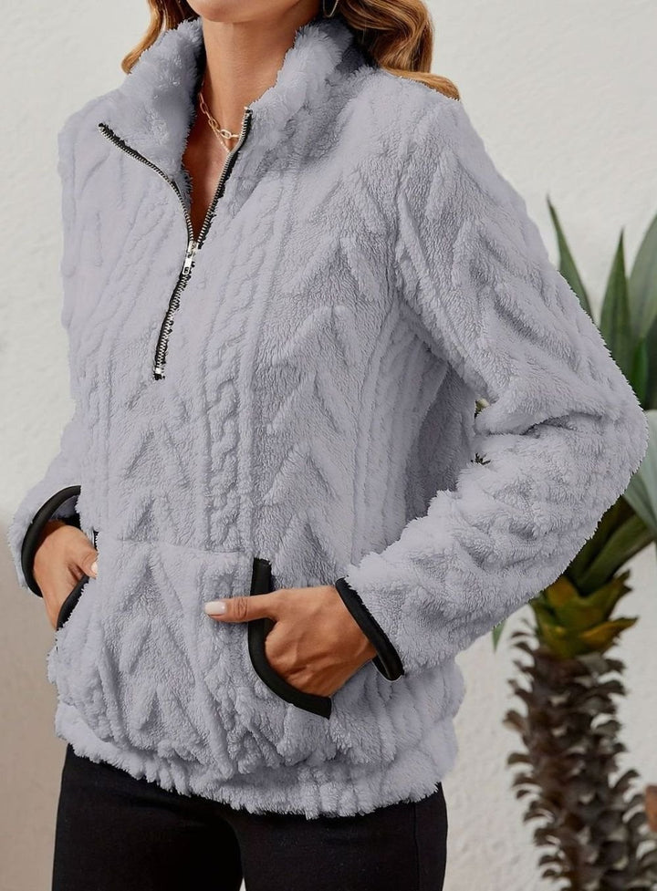 Women's Fleece Quarter-Zip Pullover Sweater Kangaroo Pocket
