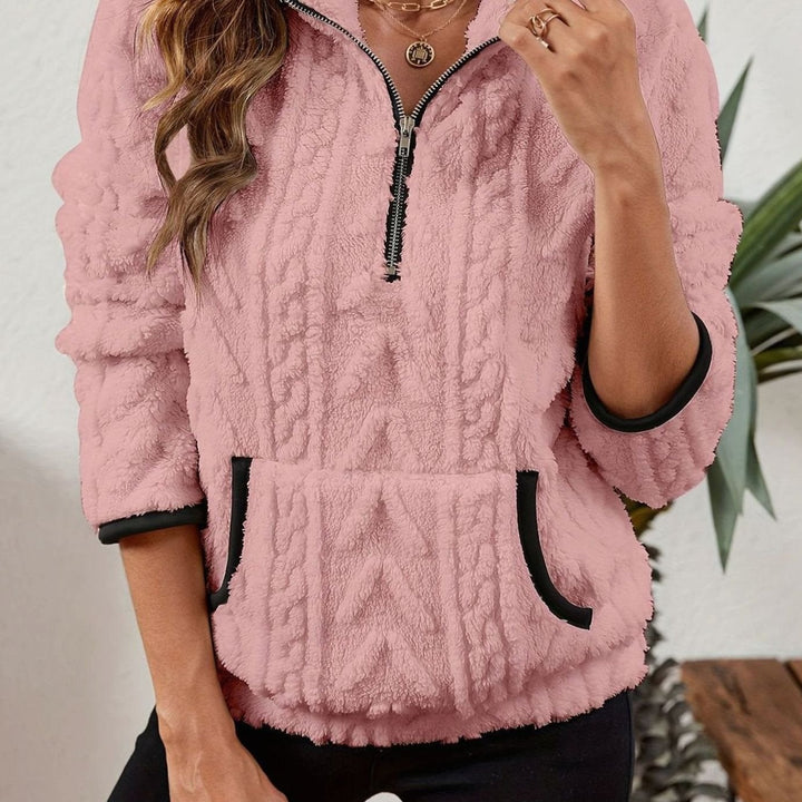 Women's Fleece Quarter-Zip Pullover Sweater Kangaroo Pocket - Pink