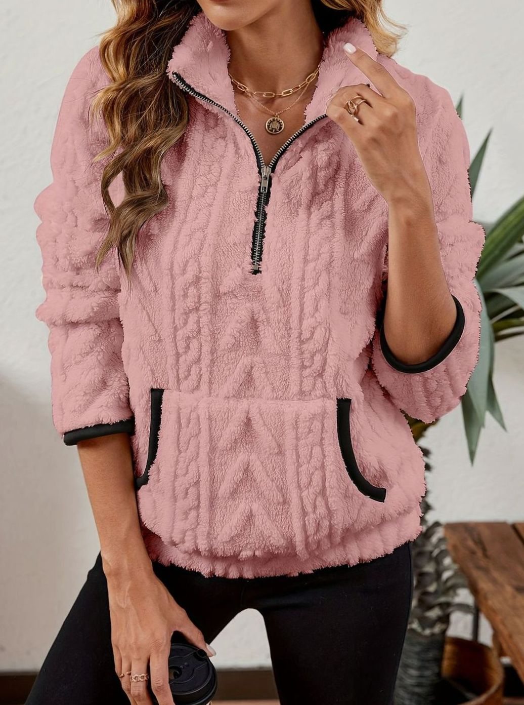 Women's Fleece Quarter-Zip Pullover Sweater Kangaroo Pocket