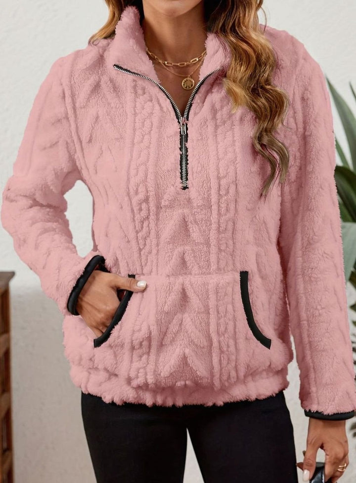 Women's Fleece Quarter-Zip Pullover Sweater Kangaroo Pocket